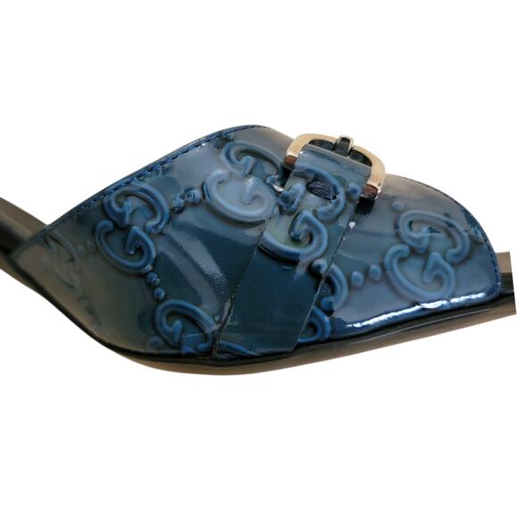 Vintage Gucci Horsebit GG Logo Blue Black Leather Slip-On Mule Heels 37.5 / 7.5 - Picture 5 of 13